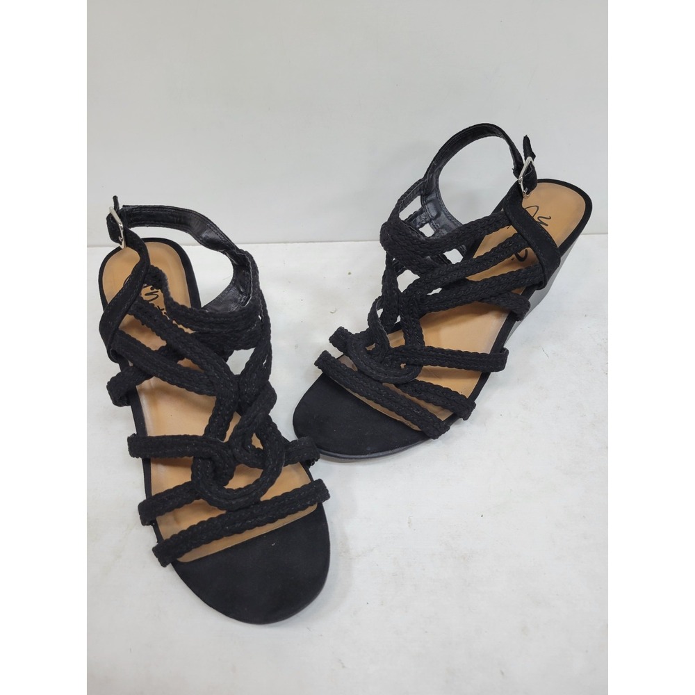 Y-Not Black Braided Strappy Wedge Sandals Womens Size 10 Slingback Open Toe